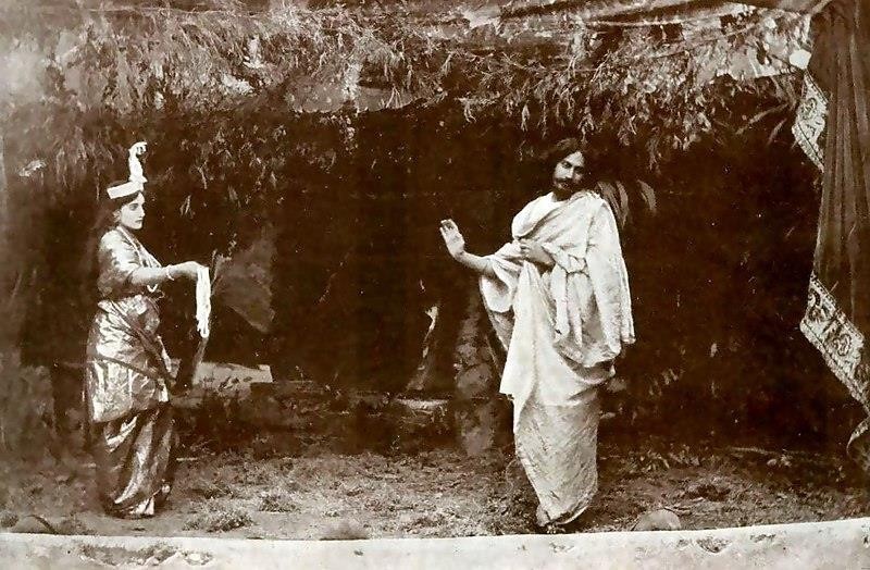 Valmiki Pratibha, Rabindranath Tagore performing the title role with his niece Indira Devi as the goddess Lakshmi, 1881.